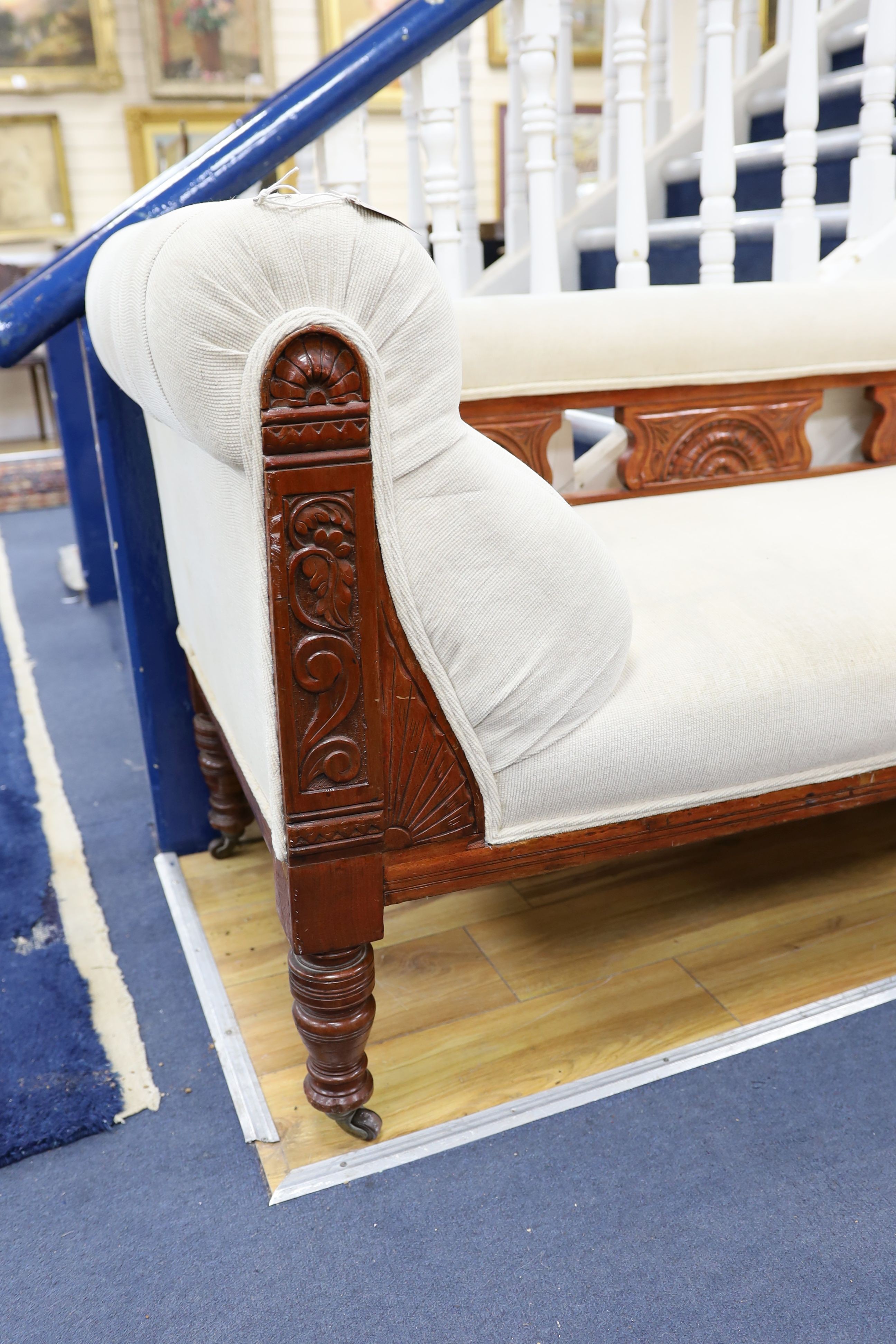 A late Victorian upholstered chaise longue, length 170cm, depth 65cm, height 81cm